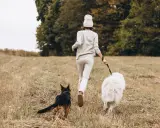 Idealne miejsce, gdzie na wakacje z psem w Polsce: kobieta z dwoma psami biegnie przez łąkę.