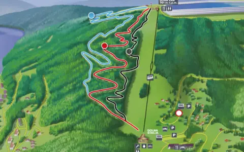 Mapa tras zjazdowych na Górze Żar. Widoczne są trasy rowerowe (niebieska, czerwona, czarna) oraz kolejka linowa.