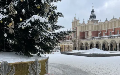 Świąteczna choinka na Rynku Głównym w Krakowie, otoczona śniegiem. To jedna z głównych kraków atrakcje zimą.