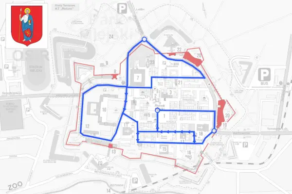 Mapa Zamościa z zaznaczoną trasą turystyczną. Zobacz zamość atrakcje, od Rynku Solnego po Bastion VII.
